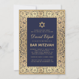 Invitación Bar Mitzvah Elegante Azul Marino Rosas Doradas Vin