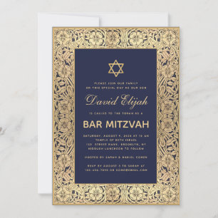 Invitación Bar Mitzvah Elegante Azul Marino Rosas Doradas Vin