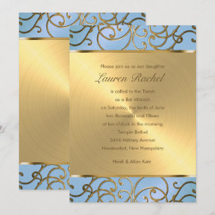Invitación Bar Mitzvah Elegante Cielo Azul y Filigrana Dorada