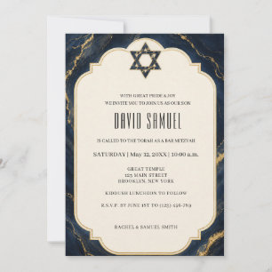 Invitación Bar Mitzvah Elegante de Mármol Azul Marino