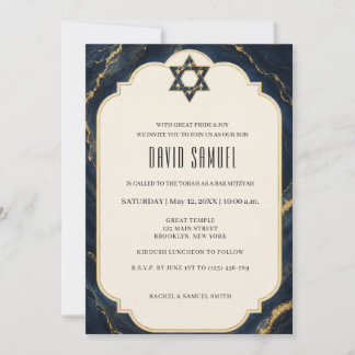 Invitación Bar Mitzvah Elegante de Mármol Azul Marino