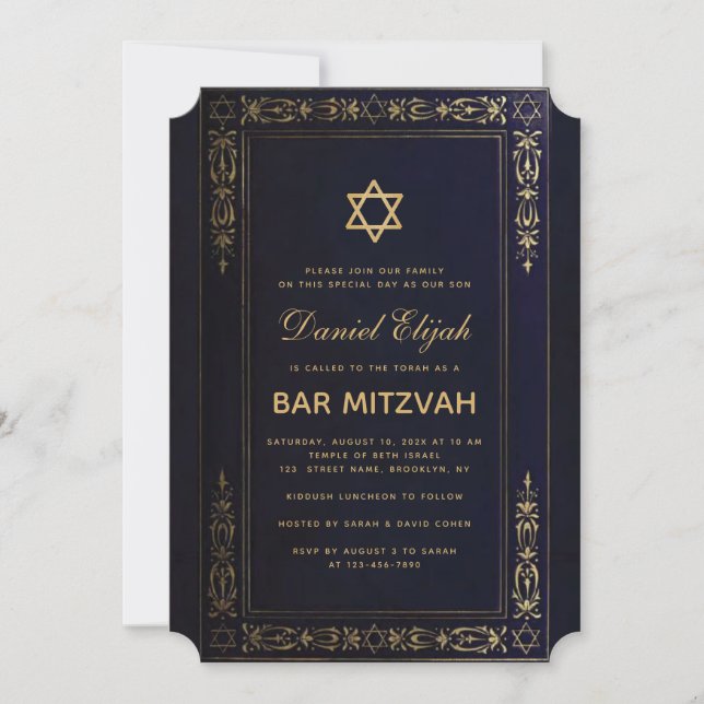 Invitación Bar Mitzvah Elegante Estrella Dorada Azul Marino V (Anverso)
