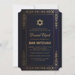 Invitación Bar Mitzvah Elegante Estrella Dorada Azul Marino V