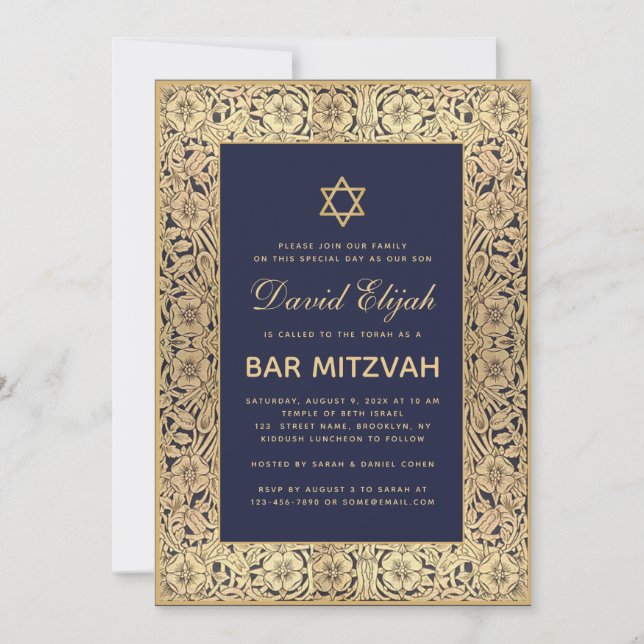 Invitación Bar Mitzvah Elegante Rosas de oro de la Marina Azu (Anverso)