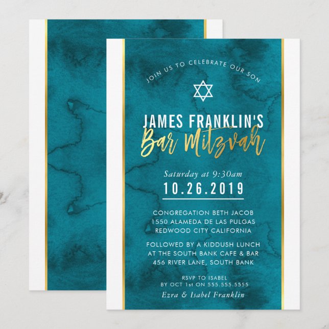 Invitación BAR MITZVAH escritura verde azulada azul acuarela  (Anverso / Reverso)
