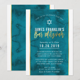 Invitación BAR MITZVAH escritura verde azulada azul acuarela