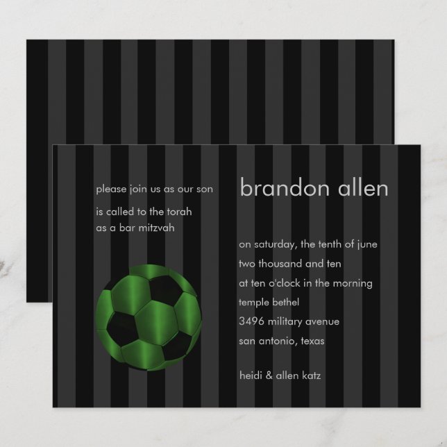 Invitación Bar Mitzvah Esmerald Green y Black Soccer Ball (Anverso / Reverso)