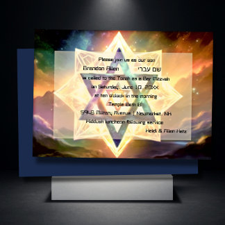 Invitación Bar Mitzvah espacio etéreo azul púrpura
