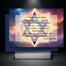 Invitación Bar Mitzvah espacio etéreo azul púrpura