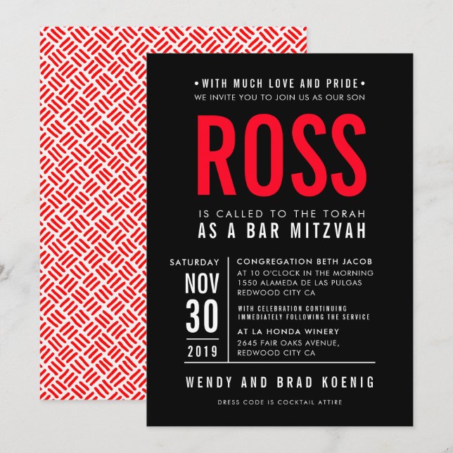Invitación BAR MITZVAH estilo moderno de bloque negrita rojo  (Anverso / Reverso)