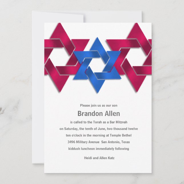 Invitación Bar Mitzvah Estrella azul blanca roja de David (Anverso)