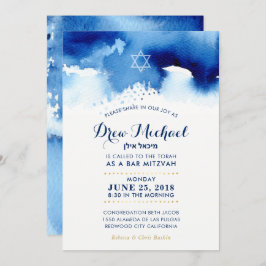 Invitación BAR MITZVAH estrella de color azul moderno acuarel