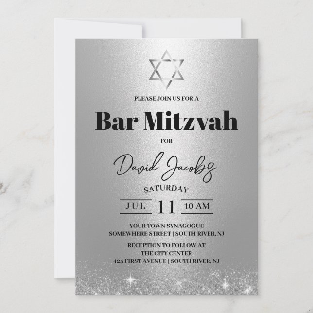 Invitación Bar Mitzvah Estrella de David Judía Moderna Plata (Anverso)