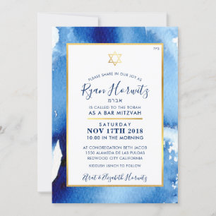 Invitación BAR MITZVAH estrella del oro color azul del agua i