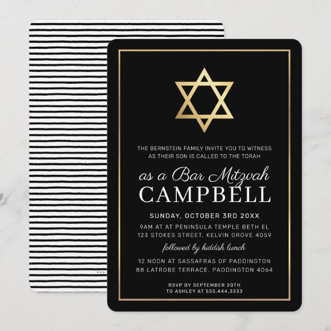Invitación BAR MITZVAH estrella del oro simple blanco negro m (Anverso / Reverso)