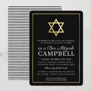 Invitación BAR MITZVAH estrella del oro simple blanco negro m
