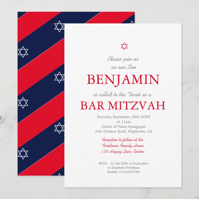 Invitación Bar Mitzvah Estrella del Patrón Rojo de David Judí (Anverso / Reverso)