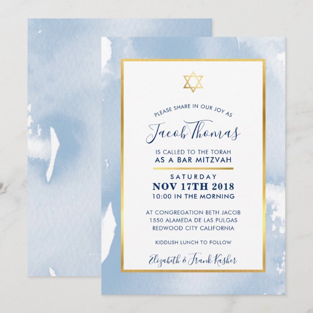 Invitación BAR MITZVAH estrella dorada inteligente color azul (Anverso / Reverso)