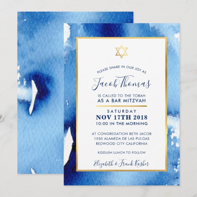 Invitación BAR MITZVAH estrella dorada inteligente color azul (Anverso / Reverso)