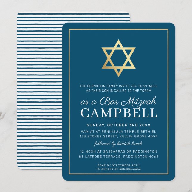 Invitación BAR MITZVAH estrella dorada simple blanco (Anverso / Reverso)