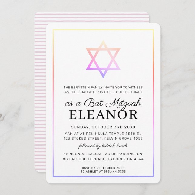 Invitación BAR MITZVAH estrella judía estilo moderno arcoiris (Anverso / Reverso)