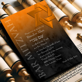 Invitación Bar Mitzvah Estrella Naranja elegante de David Omb