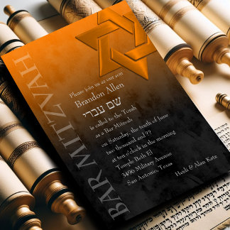 Invitación Bar Mitzvah Estrella Naranja elegante de David Omb