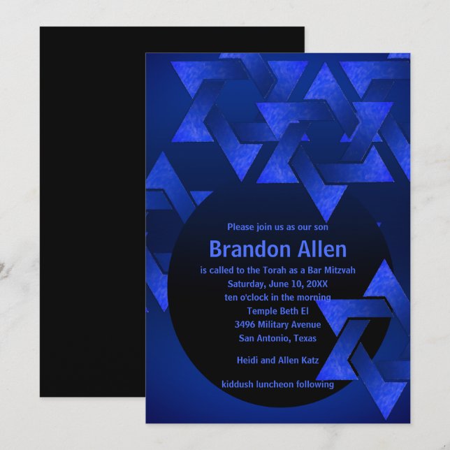 Invitación Bar Mitzvah Estrella negra y azul de David (Anverso / Reverso)