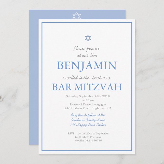 Invitación Bar Mitzvah Estrella simple y elegante de David Je (Anverso / Reverso)