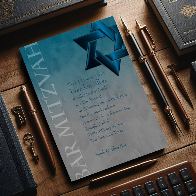 Invitación Bar Mitzvah Estrella Verde azulada azul de David O (Subido por el creador)