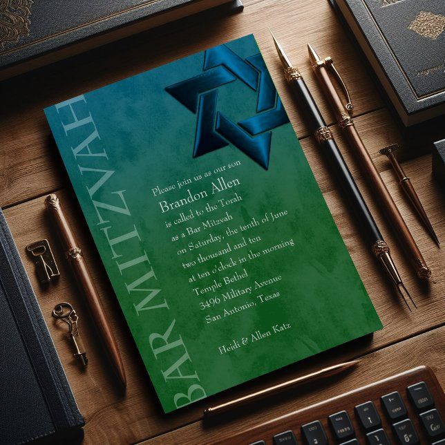 Invitación Bar Mitzvah Estrella Verde azulada azul de David O (Subido por el creador)