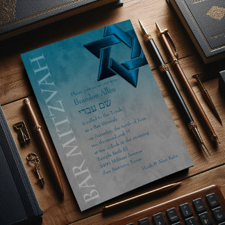 Invitación Bar Mitzvah Estrella Verde azulada azul de David O