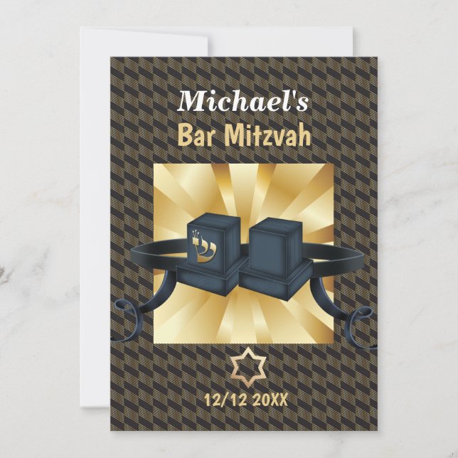 Invitación Bar Mitzvah Feliz 20XX Decoración Dorada (Anverso)