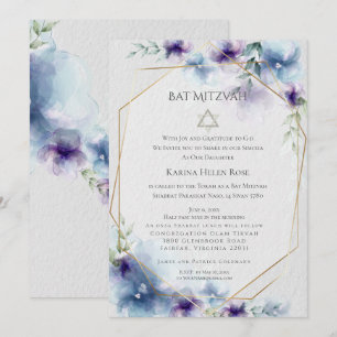 Invitación BAR MITZVAH Floral Acuarela Azul y Violeta 2