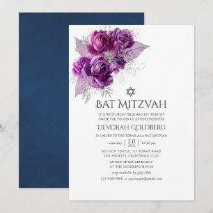 Invitación Bar Mitzvah floral acuarela ciruela y azul marino