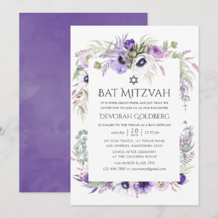 Invitación Bar Mitzvah Floral Acuarela Violeta Ultra