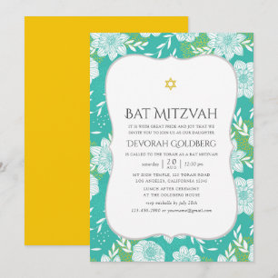 Invitación Bar Mitzvah floral amarillo y azul turquesa