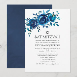 Invitación Bar Mitzvah floral de acuarela azul marino y blanc