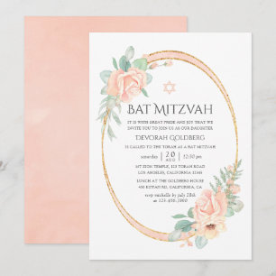 Invitación Bar Mitzvah Floral Geométrico Pastel Rosado