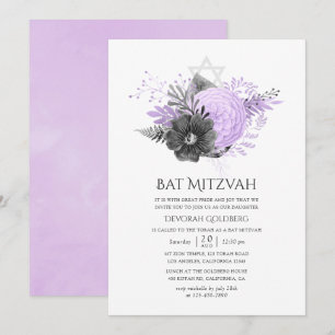 Invitación Bar Mitzvah Floral Lila y Carbón