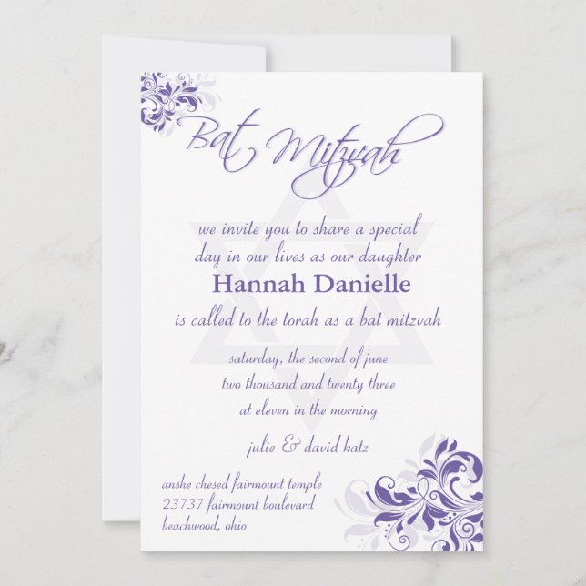 Invitación Bar Mitzvah floral morado formal (Anverso)