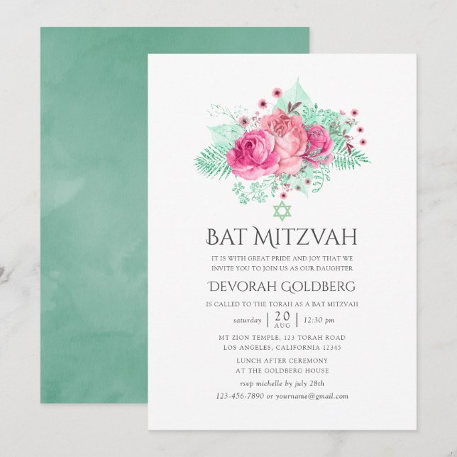 Invitación Bar Mitzvah floral rosa y menta (Anverso / Reverso)