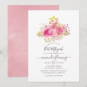 Invitación Bar Mitzvah floral tropical de color rosa y dorado