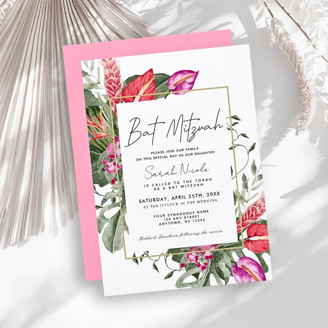 Invitación Bar Mitzvah floral tropical rosa y rojo (Subido por el creador)