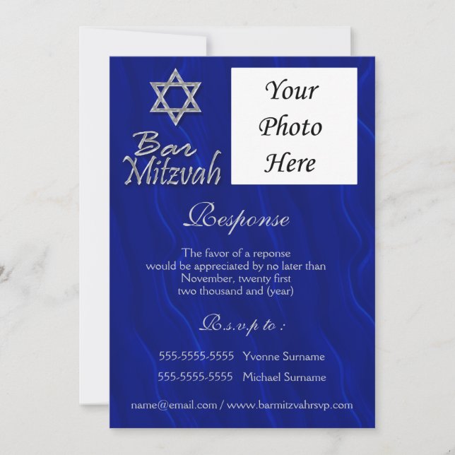 Invitación Bar mitzvah foto azul plata RESPUESTA (Anverso)