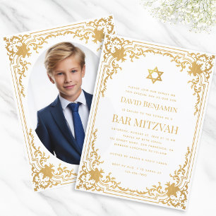 Invitación Bar Mitzvah Foto Faux Gold Star Vintage Elegante