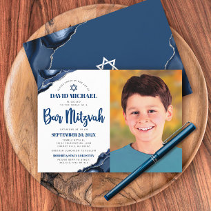 Invitación Bar Mitzvah Foto Guión moderno de agato azul de la