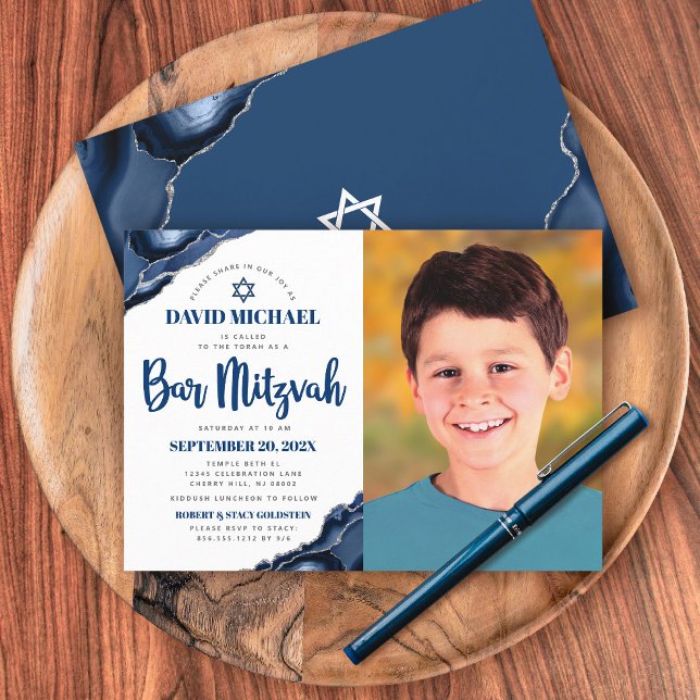 Invitación Bar Mitzvah Foto Guión moderno de agato azul de la (Subido por el creador)