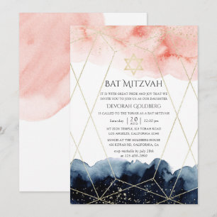 Invitación Bar Mitzvah geométrico acuarela azul marino y rubo