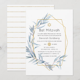 Invitación Bar Mitzvah geométrico de azul y dorado con eucali
